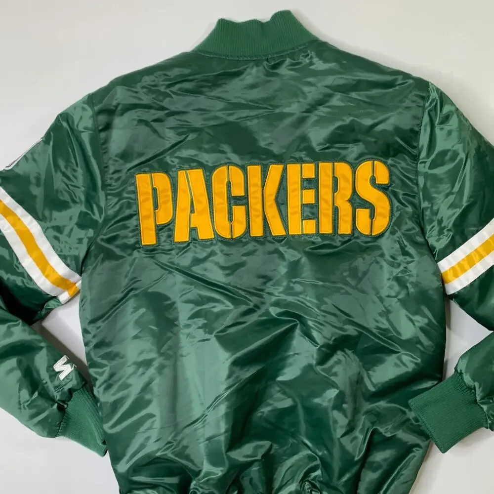 Green Bay Packers Jacket Mens S Satin Varsity Snap Bomber Starter Homage Retro